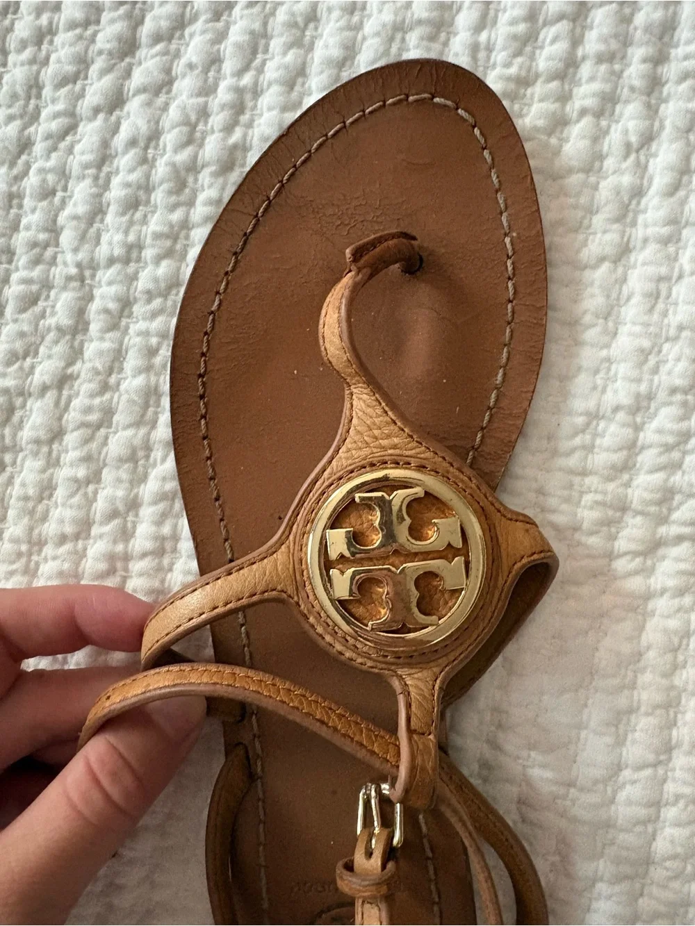 Tory Burch Chestnut Leather Logo Thong Sandals